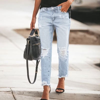 Women’s Distressed Jeans Non Stretch Ripped Vintage Baggy Straight Leg Denim Pants | Target
