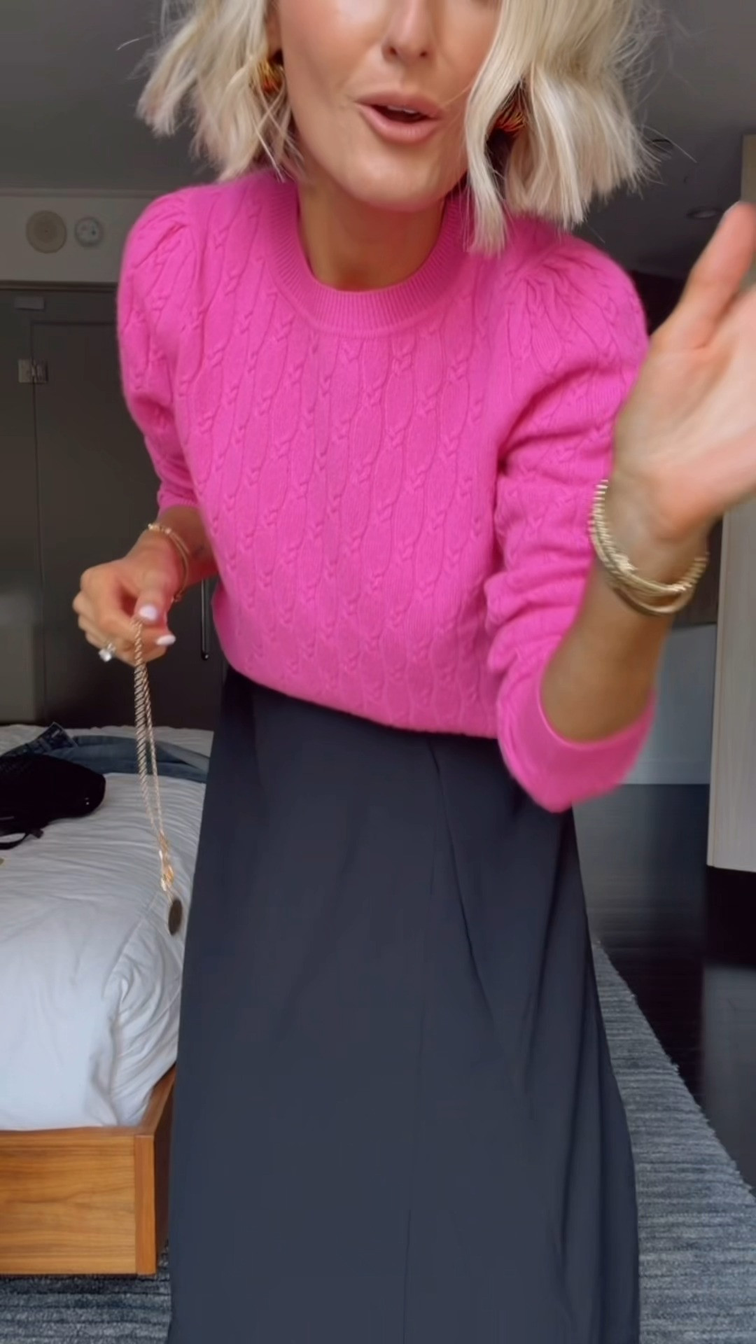 Pink and black is so fun and feminine, I love how bright this sweater is for a more vibrant fall fashion piece! 100% cashmere for $60 is a steal! Wearing M sweater, XS skirt

Loverly grey, black lace satin midi skirt outfit, bright pink sweater outfit, fashion inspo fall, pre fall work outfit ideas, fashion workwear inspo 

 #LTKSeasonal #LTKWorkwear