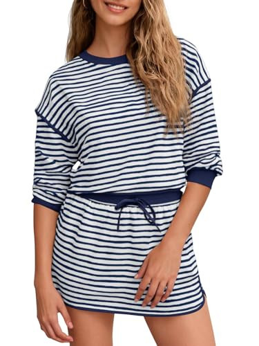 Fisoew Womens Striped 2 Piece Outfits Crewneck Workout Sets High Waist Skort Set Long Sleeve Matching Sets Women Clothing | Amazon (US)