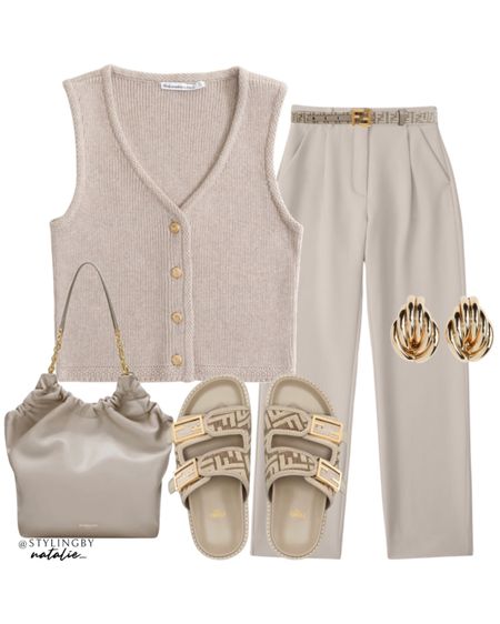 Knit button up sweater vest, tailored trousers, fendi sandals, gold earrings, Demellier bag and fendi belt. 
Taupe tones, neutral outfit, smart casual, summer outfit, work wear, office outfit, business casual.

#LTKeurope #LTKstyletip #LTKworkwear