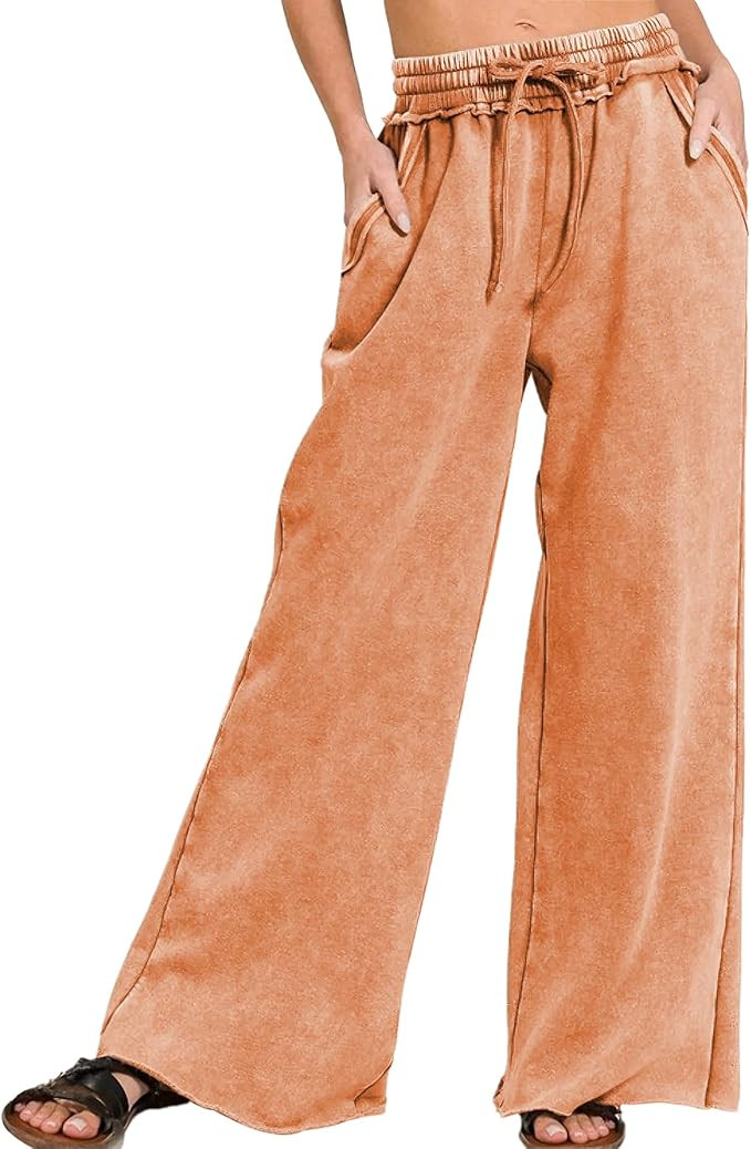 Ainangua Women Acid Wash Palazzo Sweatpants Casual High Waist Drawstring Wide Leg Pants Baggy Fle... | Amazon (US)