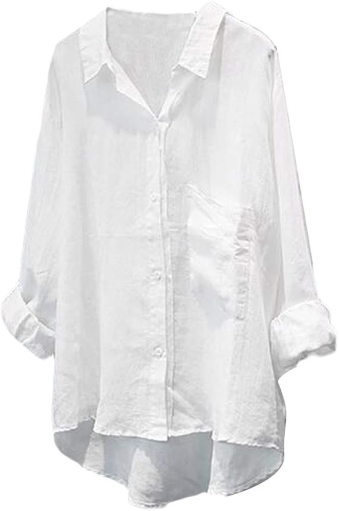 Minibee Women's Casual Cotton Linen Blouse Plus Size High Low Shirt Long Sleeve Tops | Amazon (US)
