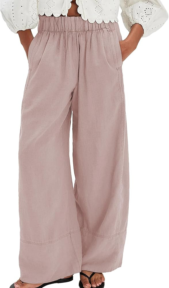 Linen Pants for Women Cotton Baggy Boho Casual Palazzo Pants Wide Leg Long Lounge Trousers with P... | Amazon (US)