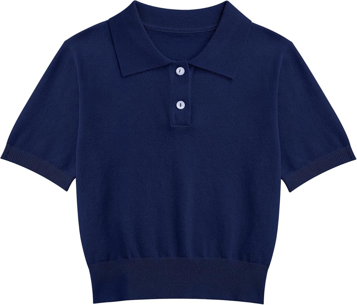 Girls Short Sleeve Polo Shirt V Neck Button Down Shirts Summer Knit School Uniform Crop Tops | Amazon (US)