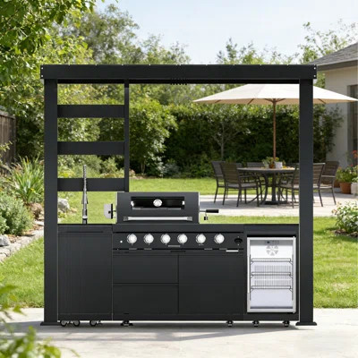 97" Outdoor Kitchen Island With 4-Burner 72,000 BTU Gas Grill, Built-In Refrigerator, Rotisserie, Granite Countertop & Storage Cabinets | Wayfair North America