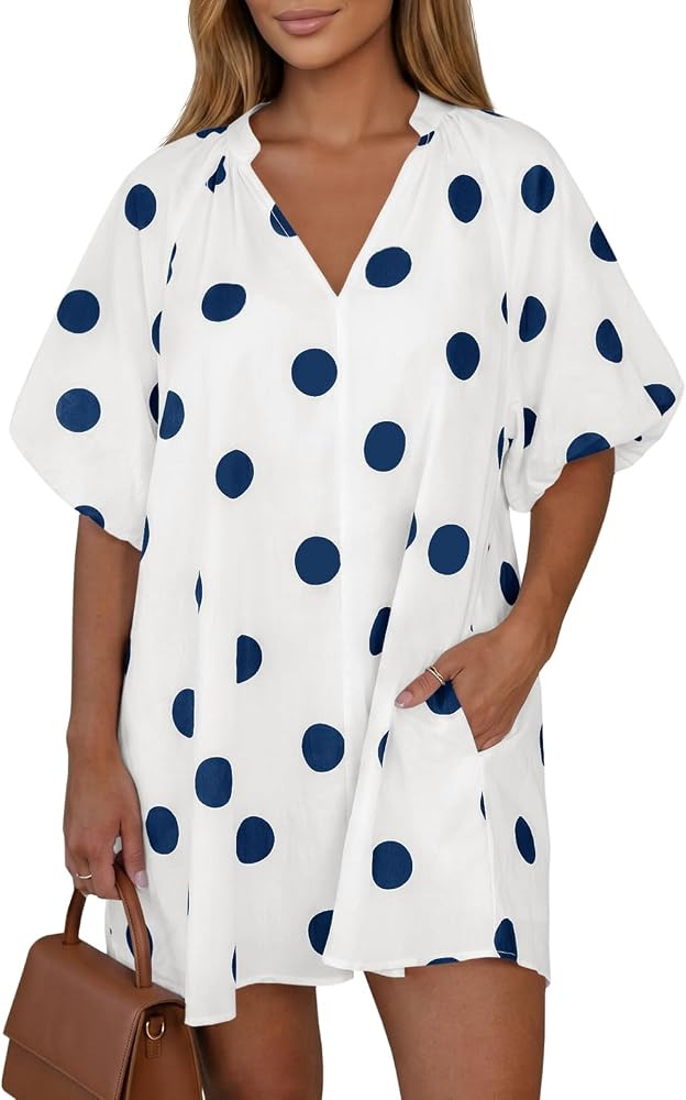 Wenrine Womens Summer Polka Dot Mini Dress Casual Puff Sleeve V Neck Loose Flowy Shirt Dresses wi... | Amazon (US)