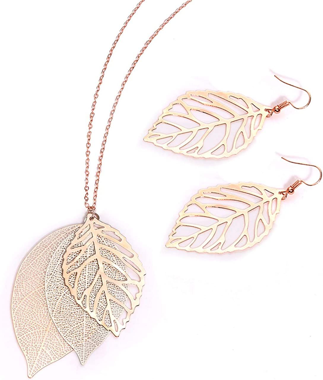NVENF Leaf Earrings and Long Necklaces Set for Women Boho Gold-Tone Multi Tiered Leaves Delicate ... | Amazon (US)
