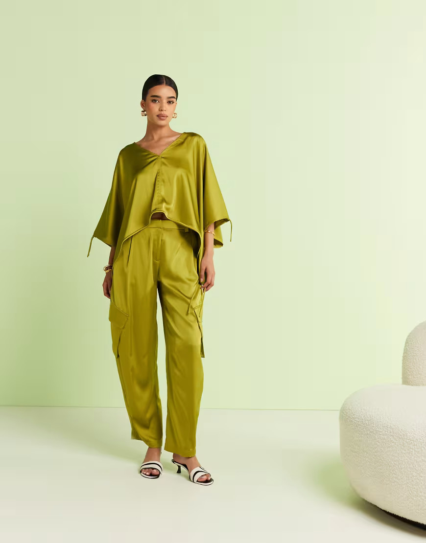 ASOS DESIGN satin utility barrel pants in green - part of a set | ASOS (Global)