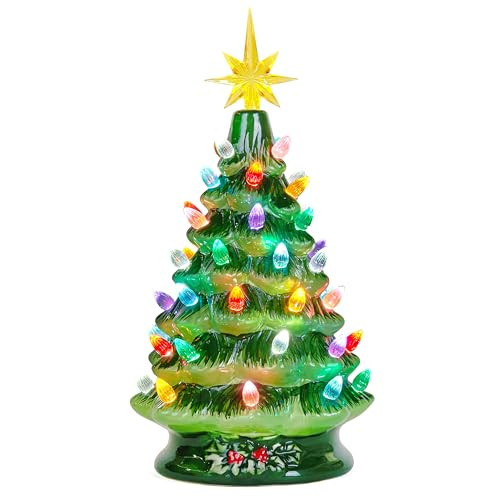 Joiedomi 12" Ceramic Christmas Tree, Table Top Christmas Tree with Flower Leaf, Vintage Pre-lit Xmas Decor with LED Lights, Battery Operated Hand-Painted Xmas Decorations Indoor Home | Amazon (US)