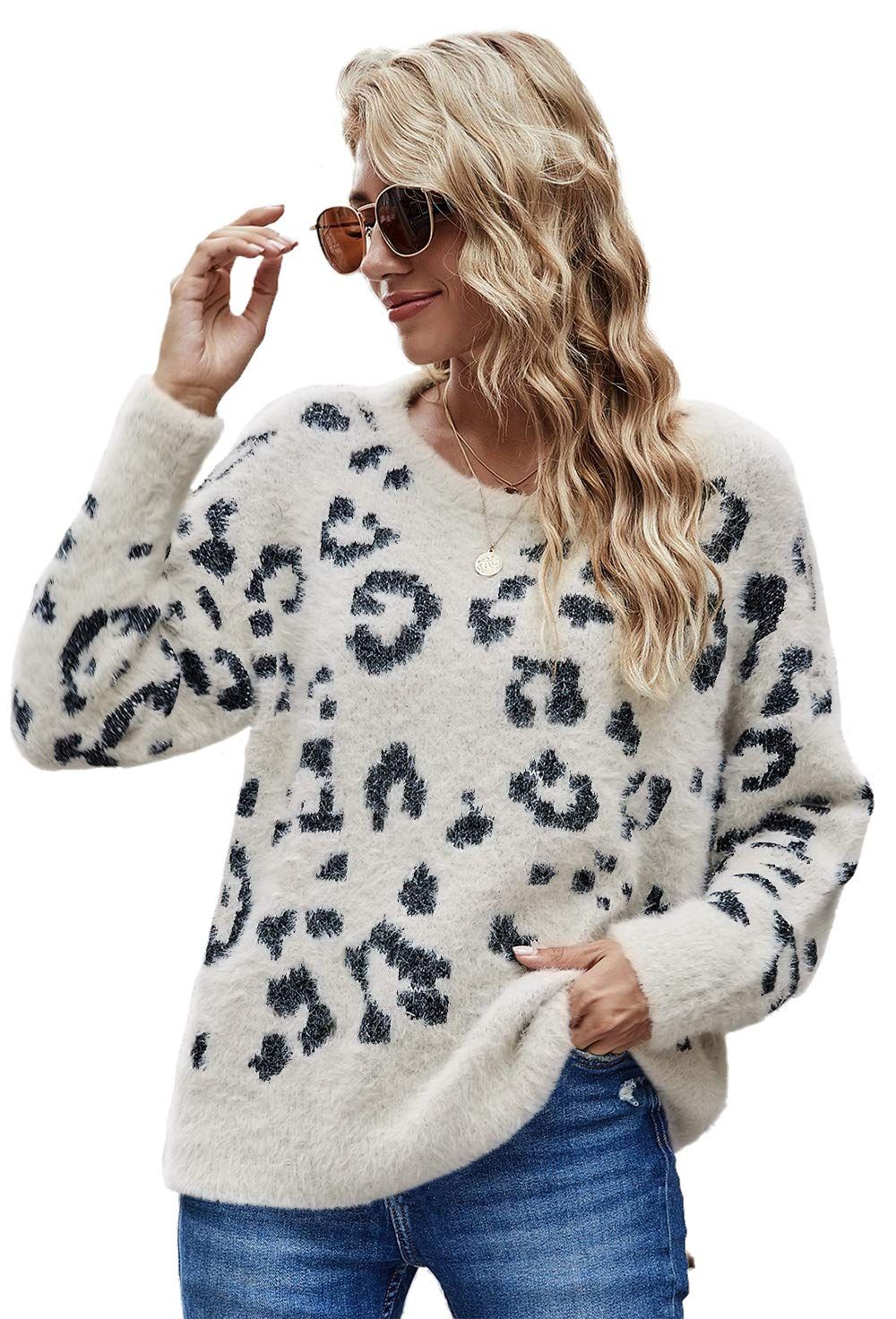 HZSONNE Women's Casual Leopard Crew Neck Loose Fit Sweater Long Sleeve Slouchy Pullover Knitted Fuzz | Amazon (US)