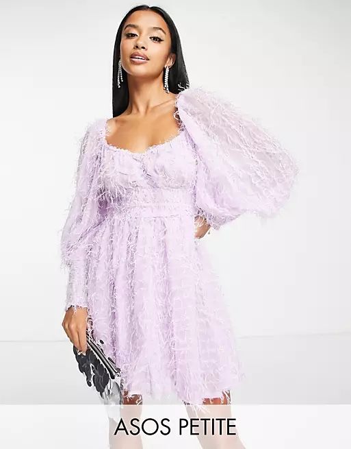 ASOS DESIGN Petite fluffy mini dress with ruched bust and shirred cuffs in lilac | ASOS (Global)