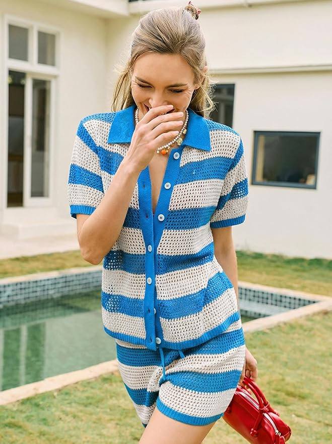 Tankaneo Womens Crochet Swimsuit Coverup Summer 2 Piece Short Sets Striped Knit Short Sleeve Butt... | Amazon (US)