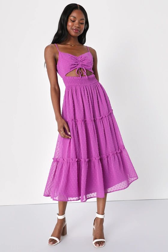 Flirting with Sunshine Purple Swiss Dot Cutout Tiered Midi Dress | Lulus (US)