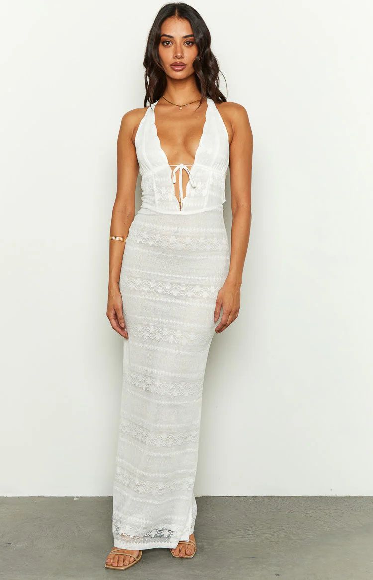 Novalie White Lace Halter Maxi Dress | Beginning Boutique (US)