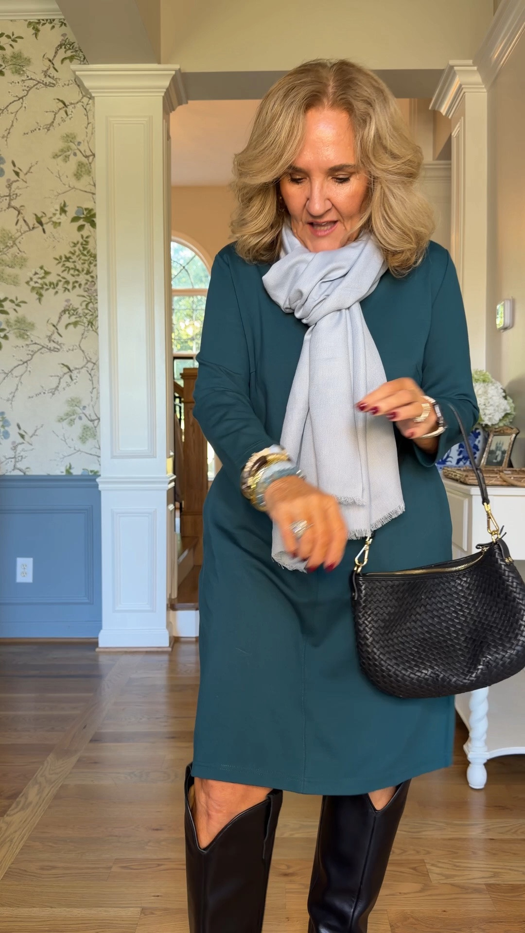 New Bracelet stack the colors are beautiful. 
I get the medium size. Use code NANETTE20 20% off Allie & Bess 
Ponte knit dress with popped collar and open neck. I’m 5’3” and this hits right at my knee.
Tall black leather boots size 10 (I sized up a ½)