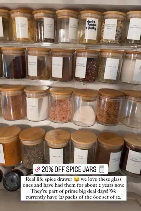20% OFF SPICE JARS 🫙 
Real life spice drawer 😂 we love these glass ones and have had them for about 2 years now.
They're part of prime big deal days! We currently have (2) packs of the 6oz set of 12.

#LTKxPrime #LTKsalealert #LTKhome