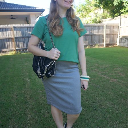 Office style with my recently thrifted green tee and resin bangles. The Target grey textured pencil skirt is so comfortable and wore my Stella McCartney falabella bag again. Also an opshop find 💚

#LTKitbag #LTKworkwear #LTKaustralia