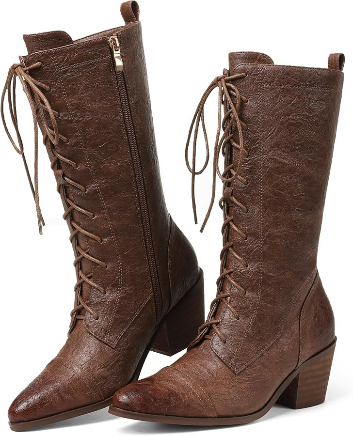 SaraIris Women's Black Mid Calf Boots Lace Up Chunky Heel Vintage Combat Heeled Dress Casual Boot... | Amazon (US)