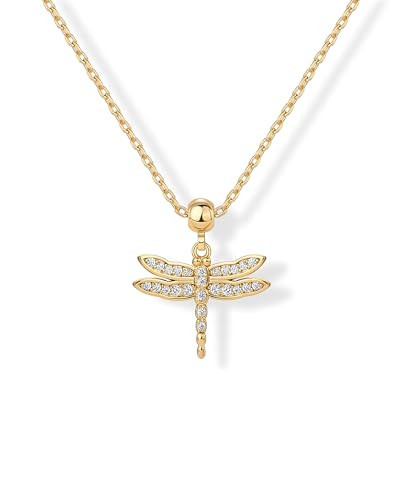 PAVOI 14K Yellow Gold Plated Cute Cubic Zirconia Pendant Necklaces with Charms Set, Hypoallergenic Adjustable Chain Dainty Gold Charm Necklace for Women, Trendy Luck Dragonfly Pendant Gift | Amazon (US)