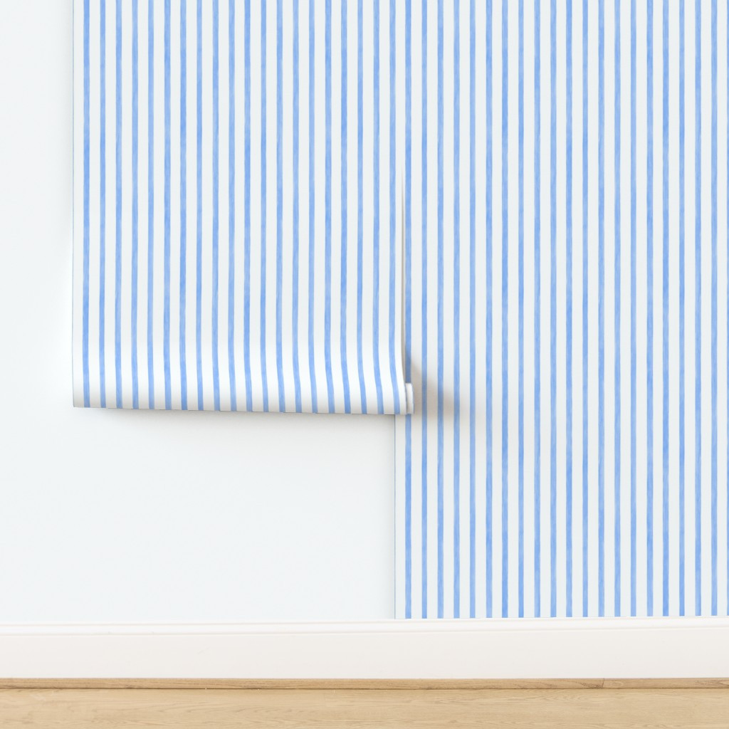 Coastal Blue Thin Vertical Stripes - Medium Scale - Watercolor Textured Cornflower Blue Wallpaper... | Spoonflower