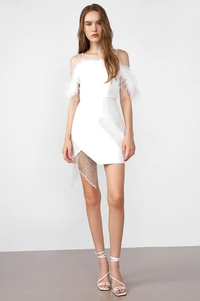 Rosalee White Feather Decor Mini Dress | J.ING