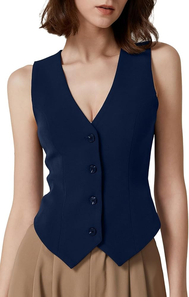 QINSEN Womens V Neck Vest Top Sleeveless Button Down Fully Lined Solid Going Out Crop Tops | Amazon (US)