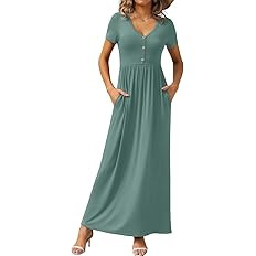 GRECERELLE Womens Summer Long Maxi Dresses 2026 Short Sleeve V Neck Casual Button Dress with Pock... | Amazon (US)
