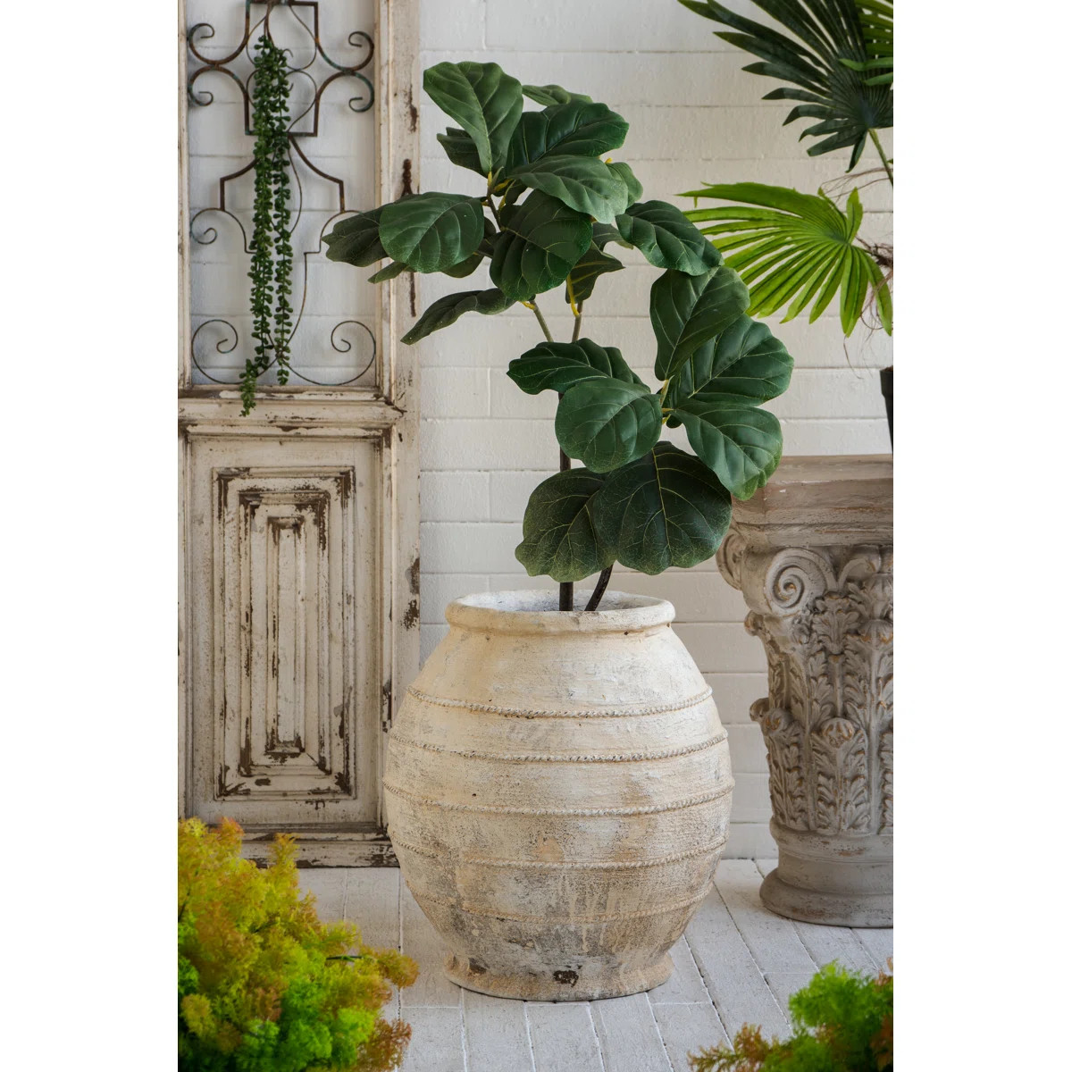 Large Magnesium Flower Pot With Weathered White Finish And Ridged Texture | Wayfair North America