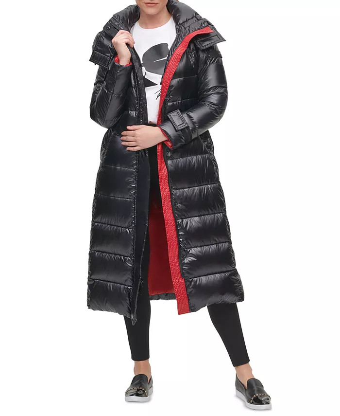 KARL LAGERFELD PARIS Women's Belted Hooded Down Puffer Coat - Macy's | Macy's