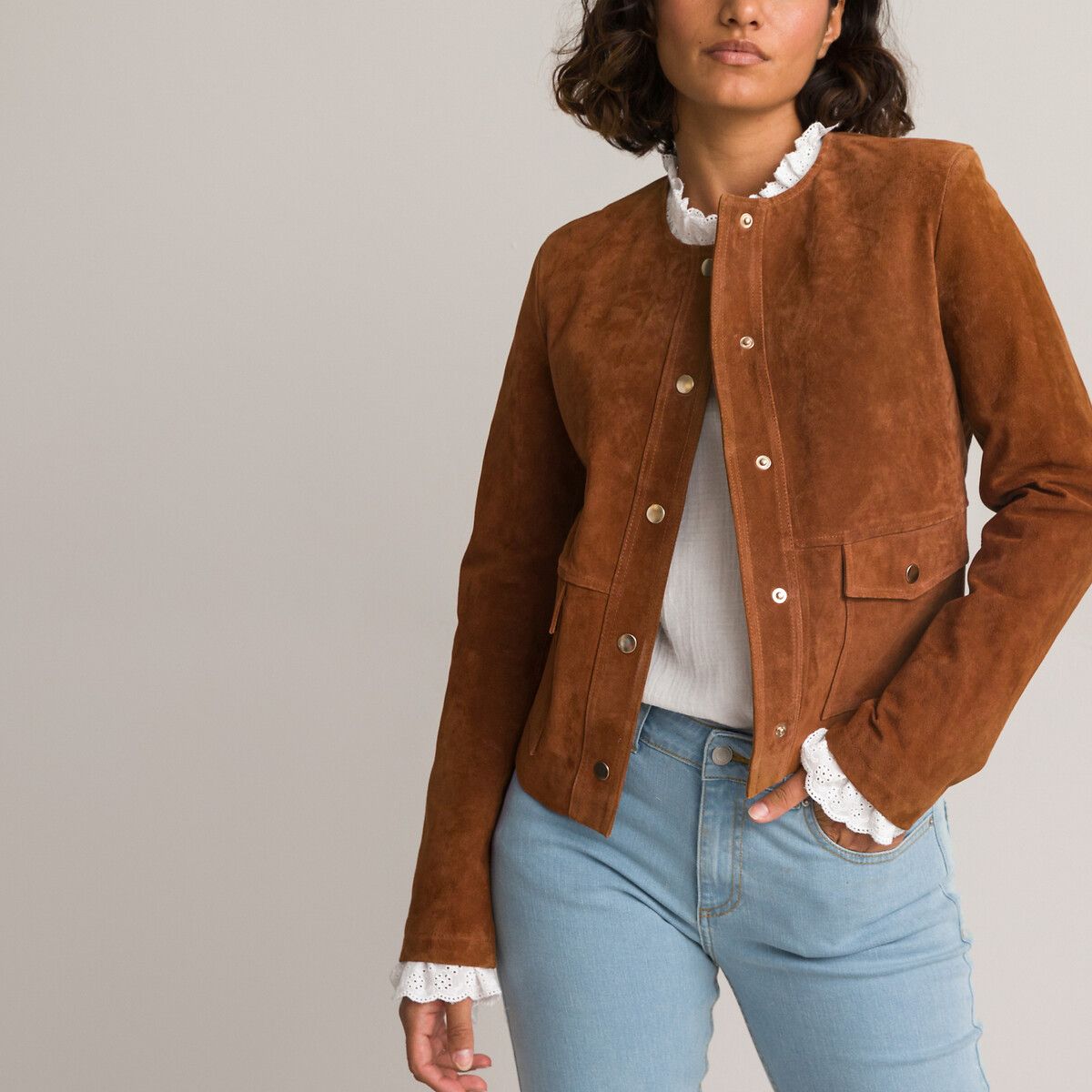 Suede Press-Stud Jacket with Round Neck | La Redoute (UK)