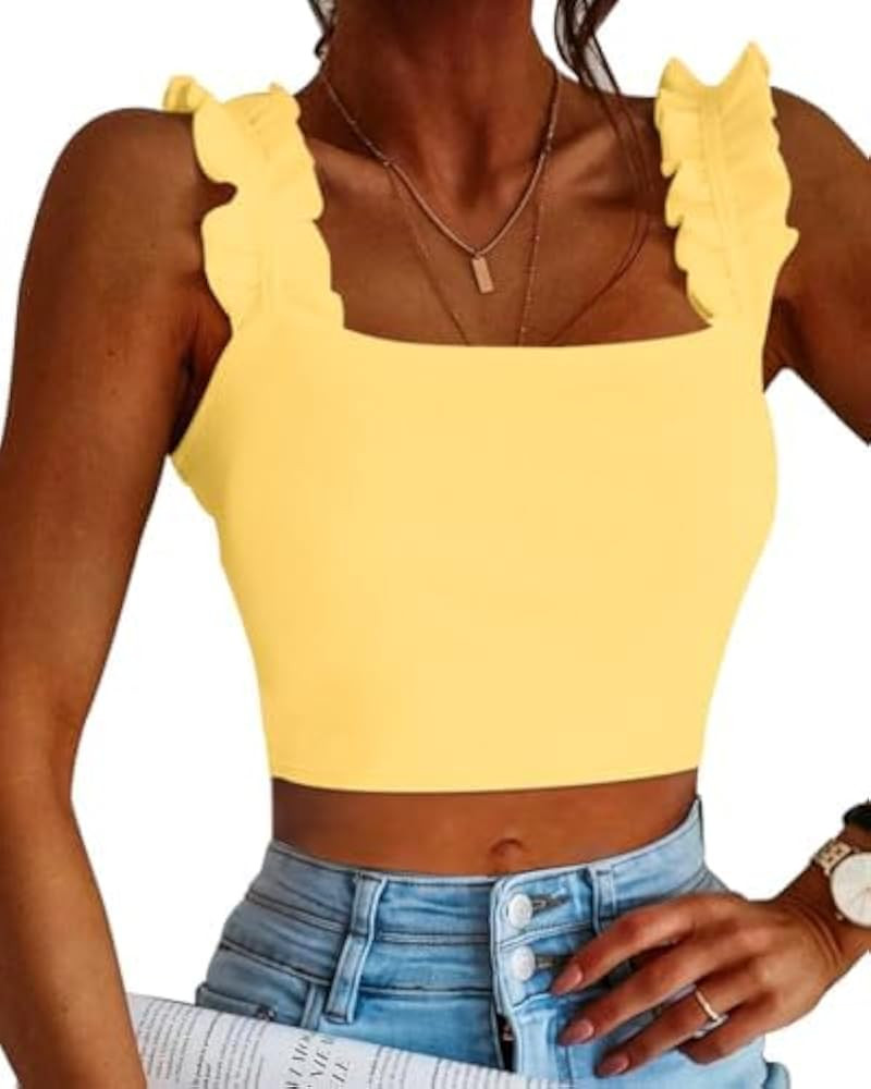 CLOZOZ Cute Crop Tops for Women Tank Tops Ribbed Ruffle Strap Square Neck Womens Trendy Going Out... | Amazon (US)