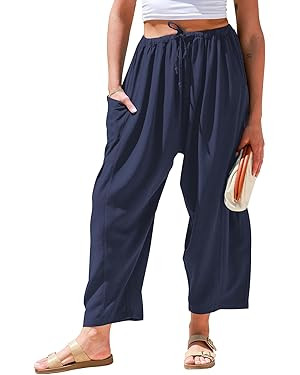 TARSE Womens Linen Wide Leg Pants Casual Loose Drawstring Low Waist Beach Palazzo Harem Pants wit... | Amazon (US)