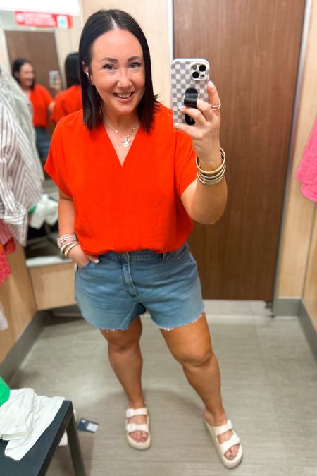 New v neck blouse from Target! Love the bright red color!  
Size xl. 
Size 17 shorts. Need a size 16. 
Sandals fit tts  

#LTKover40 #LTKSeasonal #LTKmidsize
