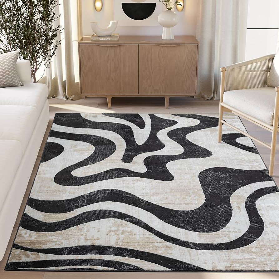 Beige Black Swirl Modern Area Rug – 5' x 8' – Contemporary Abstract Design – Terra Collecti... | Amazon (US)