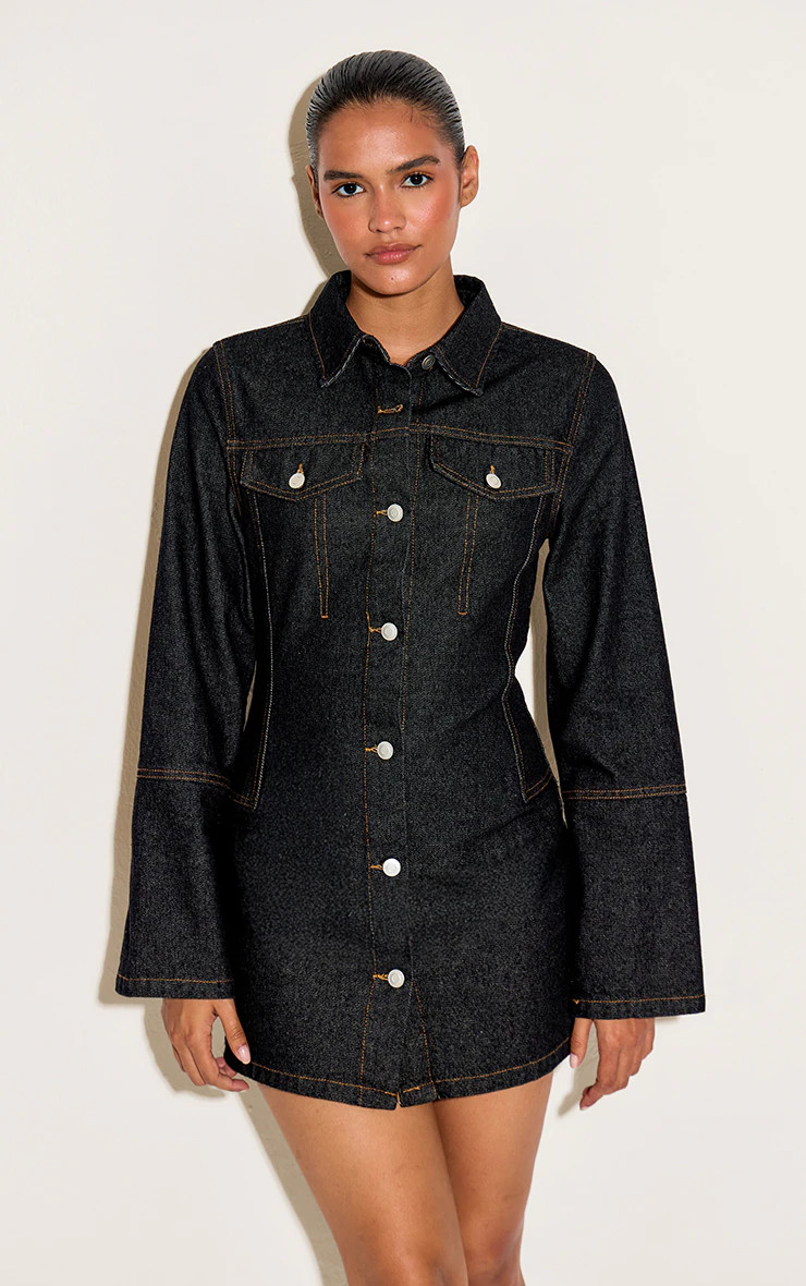 Raw Indigo Wash Seam Detail Long Sleeve Denim Shirt Dress | PrettyLittleThing US