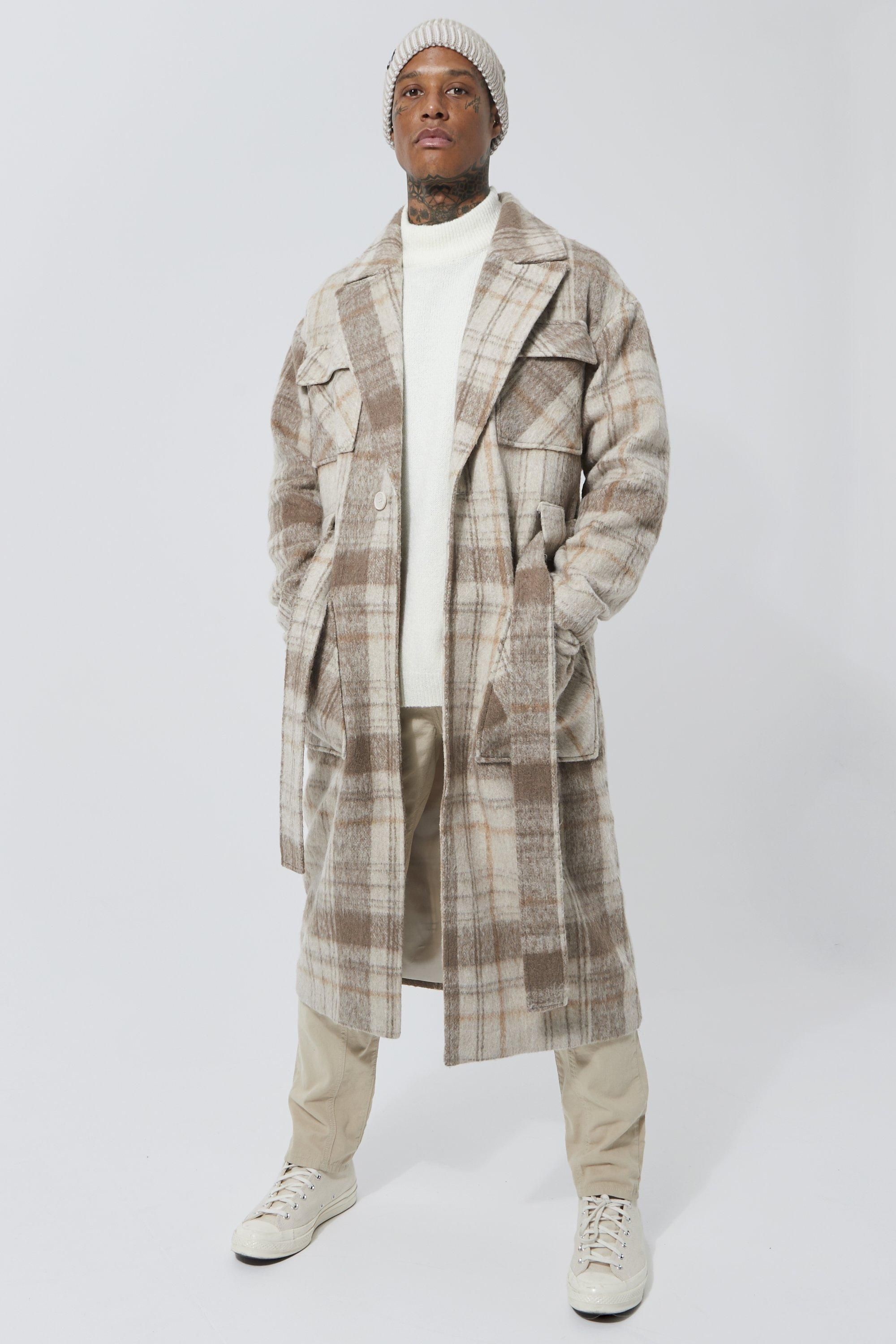Wool Look Check Pocket Longline Belt Overcoat | boohooMAN (DE, IE & UK)