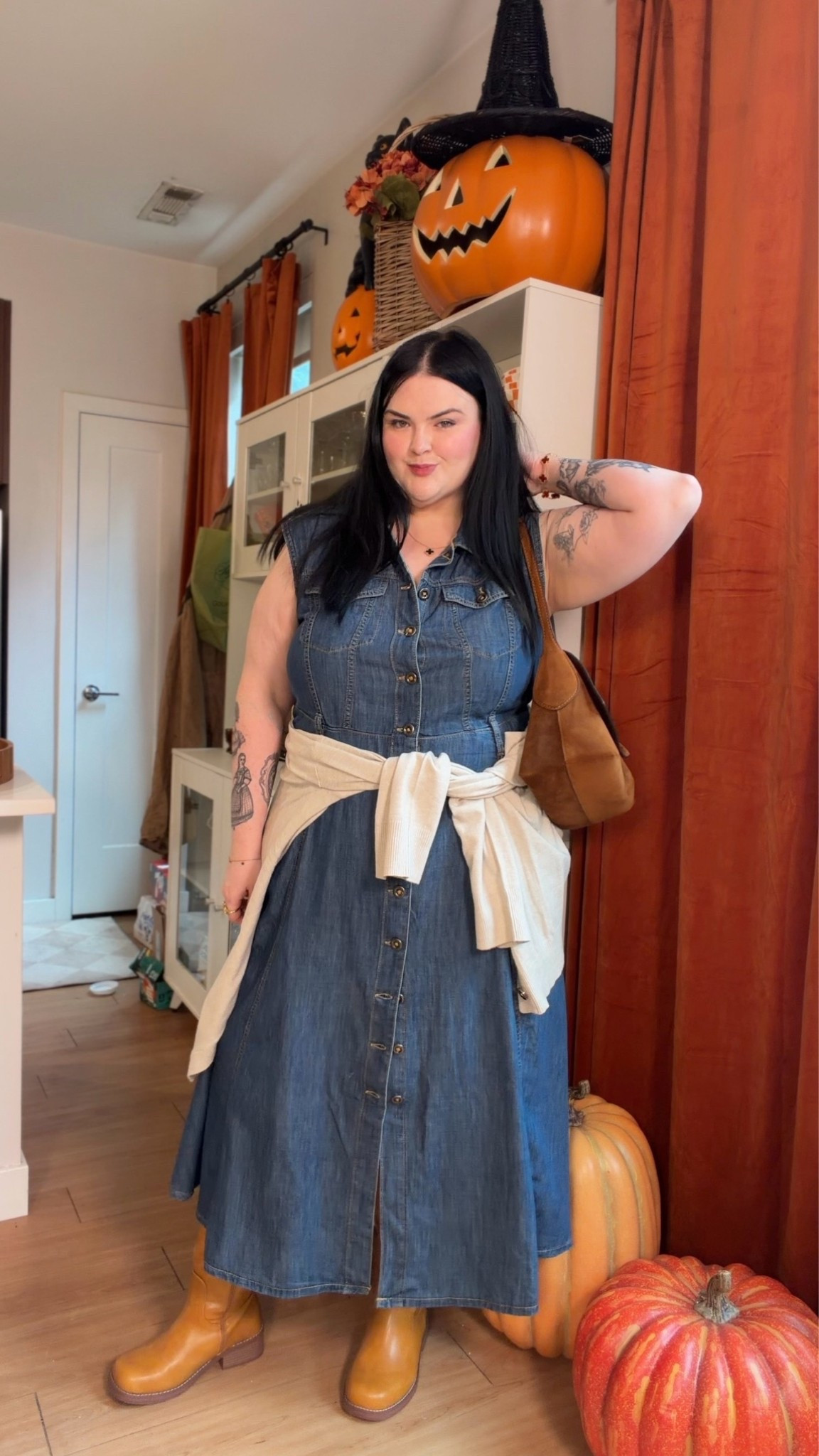 Plus size fall date night outfit. Denim dress. Wide calf boots. Extra wide calf boots. Wearing 18/20 in everything.
