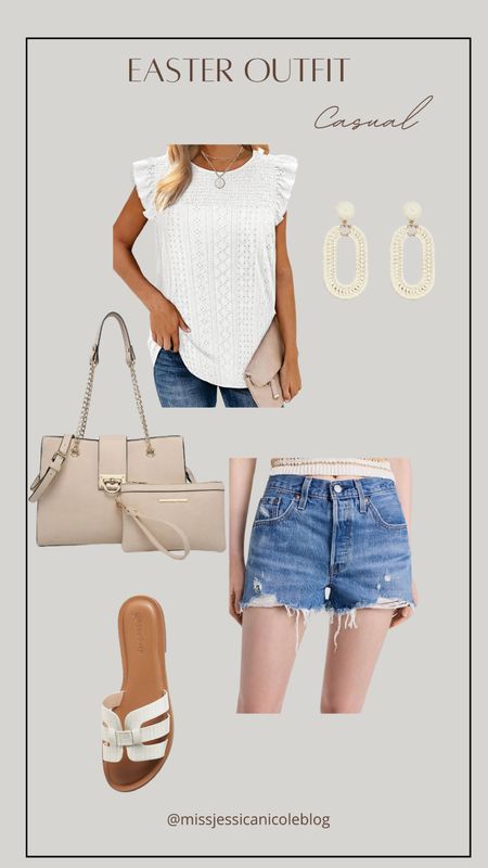 Casual Easter outfit, ruffle sleeve top, Amazon fashion, Levi shorts on sale, nude tote bag, affordable fashion finds, Amazon sandals, jewelry, spring trends 

#LTKfindsunder50 #LTKstyletip #LTKSeasonal