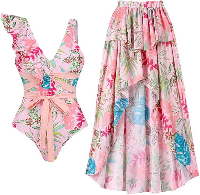 Floral One Piece Swimsuits for Women Ruffle Long Beach Skirt V-Neck Bathing Suit Swimwear Cover u... | Amazon (US)