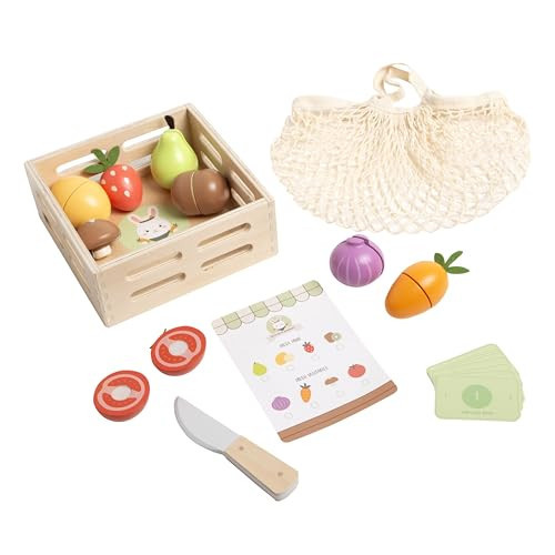 Pearhead Wooden Play Food Set – 21-Piece Pretend Kitchen Toy, Cutting Fruits & Veggies, FSC-Certified, Farmers Market with Play Money, Mesh Bag & Storage Crate, Boys and Girls, 2 3 4 Year Old | Amazon (US)