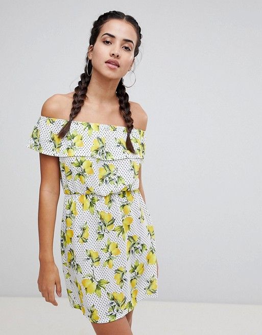 Missguided Lemon and Polka Dot Bardot Dress | ASOS US