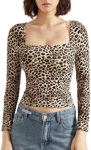 SUUKSESS Women Square Neck Long Sleeve Tops Double Lined Going Out T Shirts | Amazon (US)