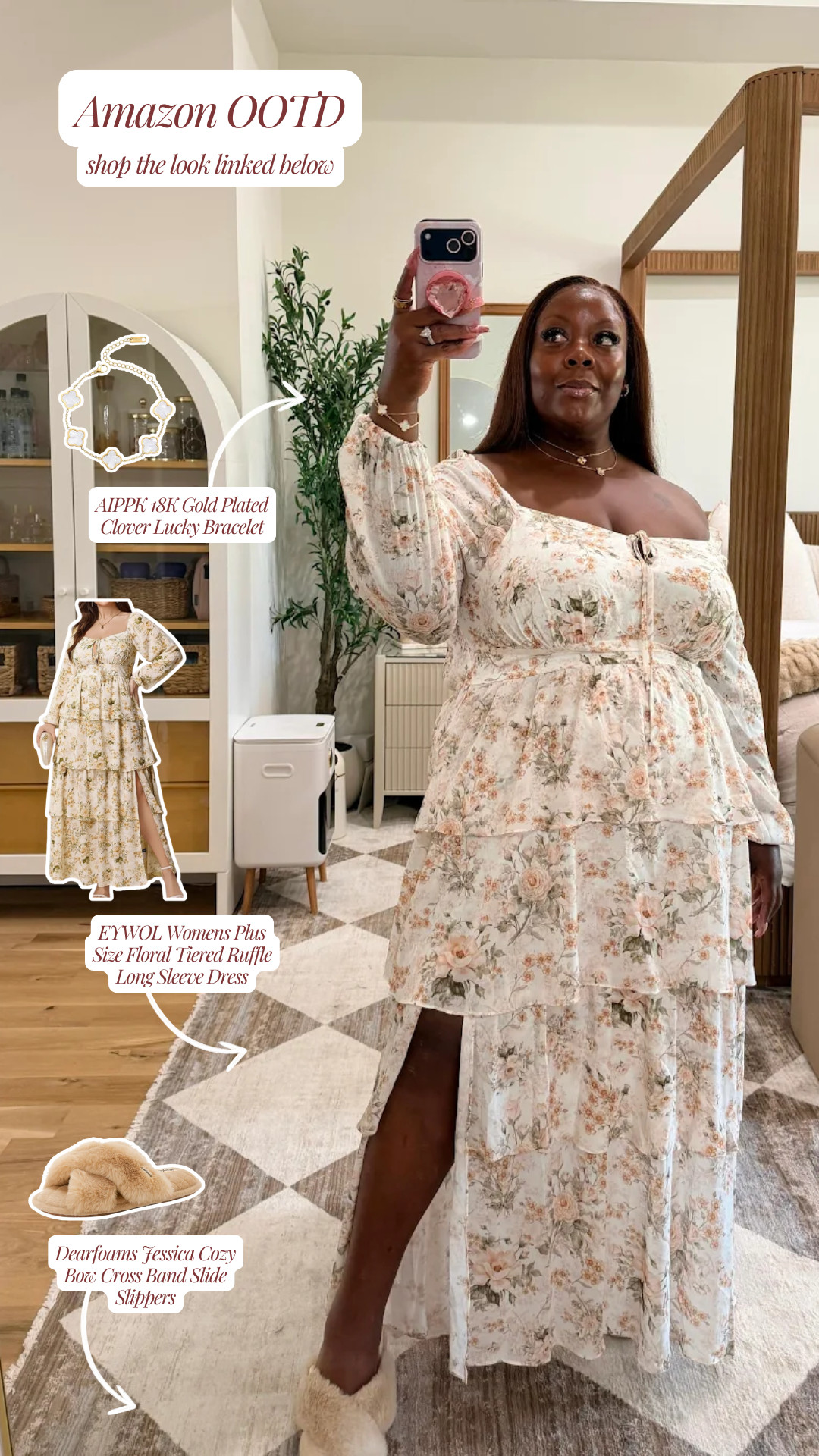 Serving a little romantic floral moment for today's Amazon OOTD! ✨ I am completely in love with this EYWOL Womens Plus Size Floral Tiered Ruffle Long Sleeve Dress—the tiered ruffles and high slit are everything. 🌸

To complete this cozy-glam home look, I styled it with the AIPPK 18K Gold Plated Clover Lucky Bracelet and the coziest Dearfoams Jessica Cozy Bow Cross Band Slide Slippers. ☁️✨



Follow for more @OPERATION_NIKI on IG, TikTok, & Facebook

#AmazonFinds #AmazonOOTD #AmazonFashion #PlusSizeFashion #CurvyStyle #FloralDress #MaxiDress #GoldJewelry #Dearfoams #CozyChic #LTKUnder100 #LTKStyle #MirrorSelfie

#LTKMidsize #LTKPetite #LTKPlusSize