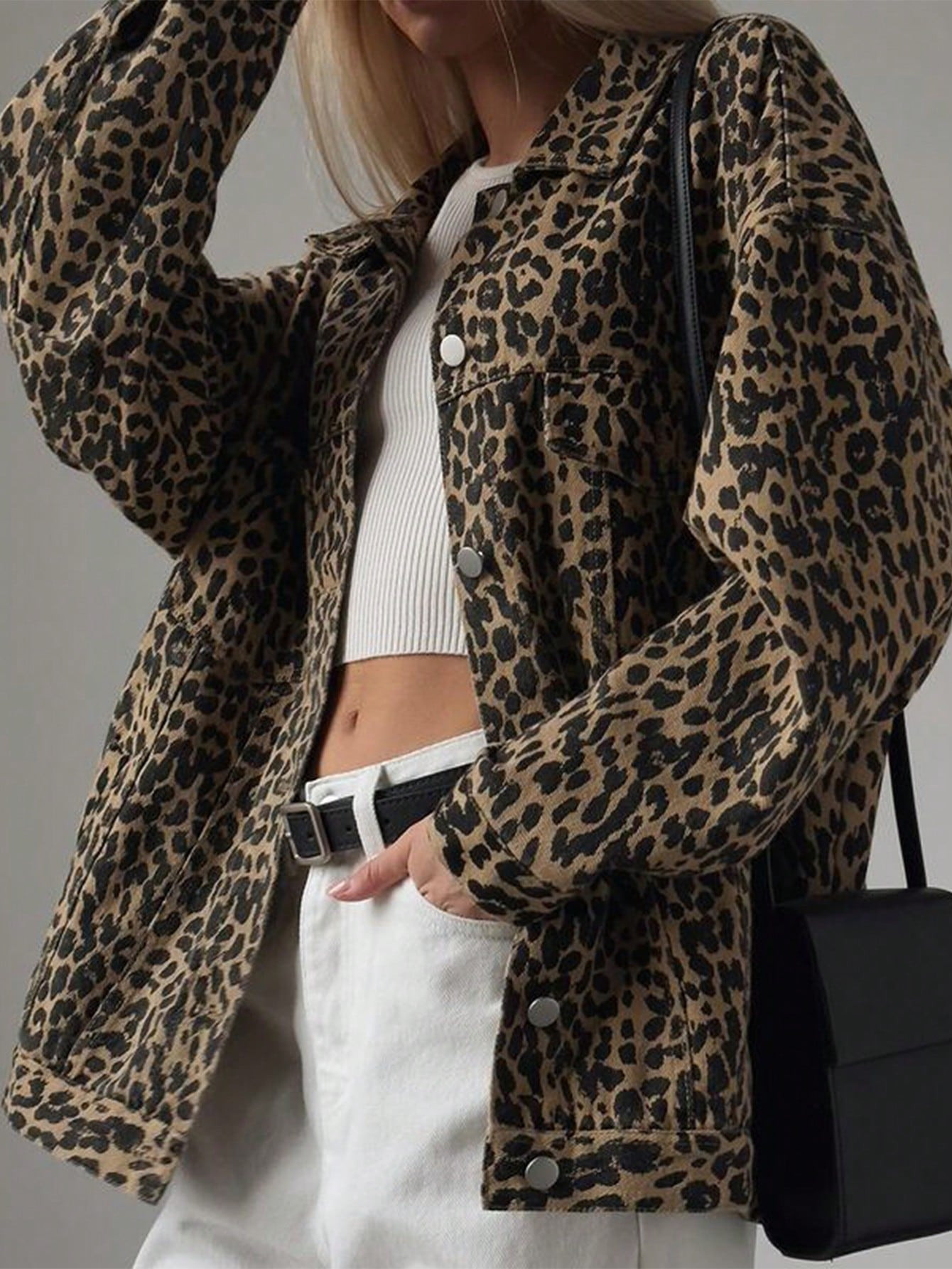 SHEIN Essnce Plus Size Women's Button Leopard Print Long Sleeve Jacket | SHEIN