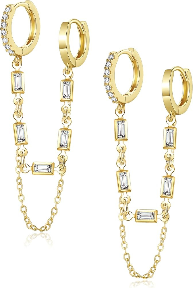 Tassel Chain Small Gold Hoop Dangle Earring For Women Huggie Earring Heart Star CZ 14K Gold Plate... | Amazon (US)