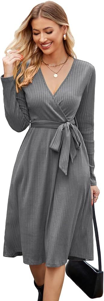 Newshows Women's 2023 Fall Long Sleeve Sweater Dress V Neck Casual Ribbed Knit Belt Midi Wedding ... | Amazon (US)