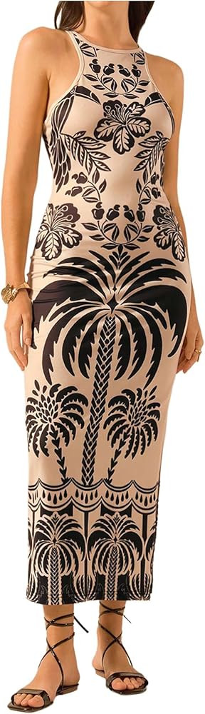 Women's Tropical Bodycon Tank Dress Elegant Summer Vacation Crewneck Split Thigh Long Maxi Dress ... | Amazon (US)