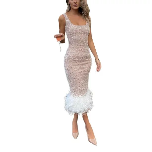 Women's Sequin Prom Dress Sleeveless Scoop Neck Sparkly Bodycon Fluffy Cut Out Midi Length Evenin... | Walmart (US)