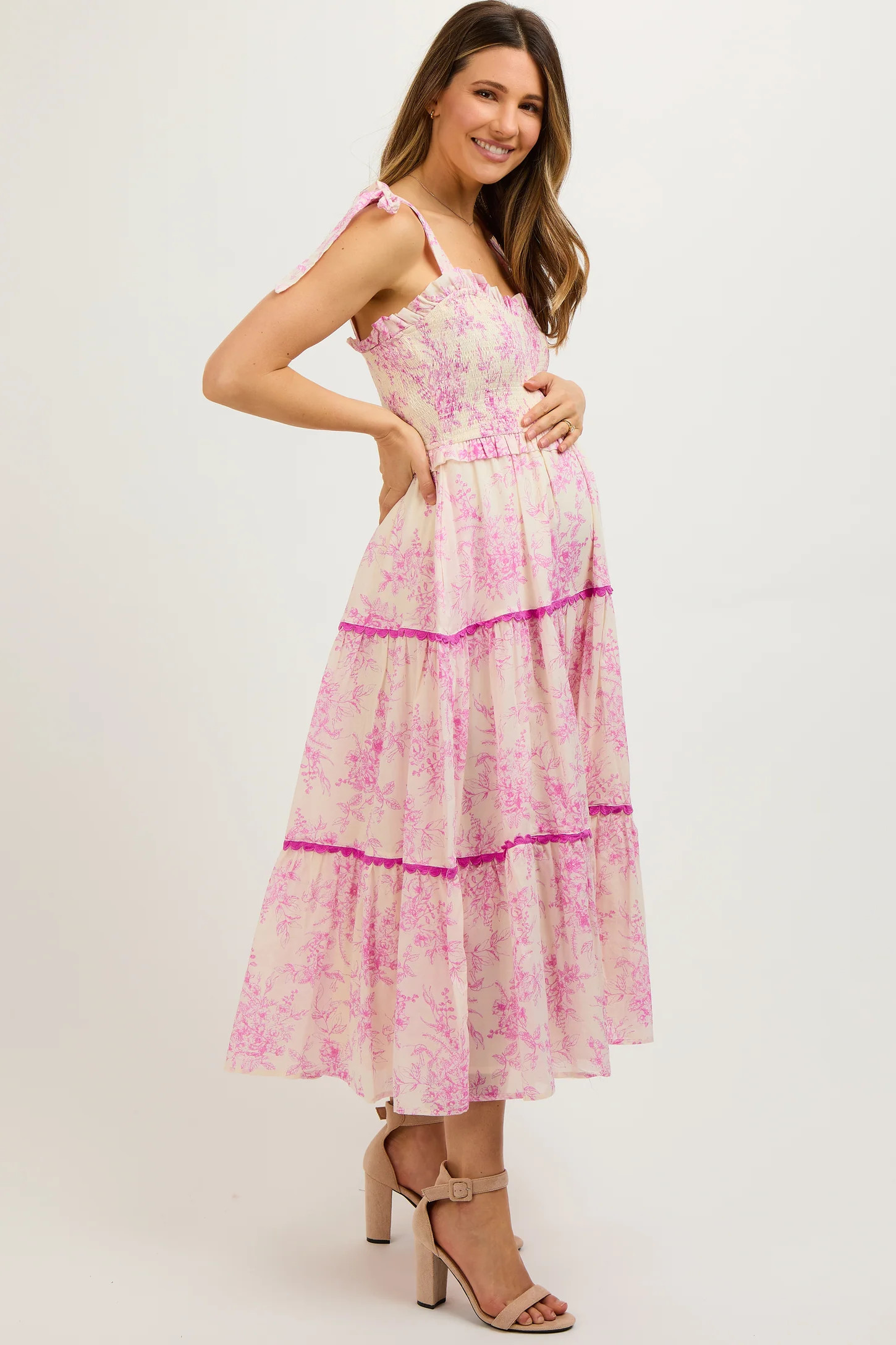 Pink Floral Sleeveless Ruffle Tiered Maternity Midi Dress | PinkBlush Maternity