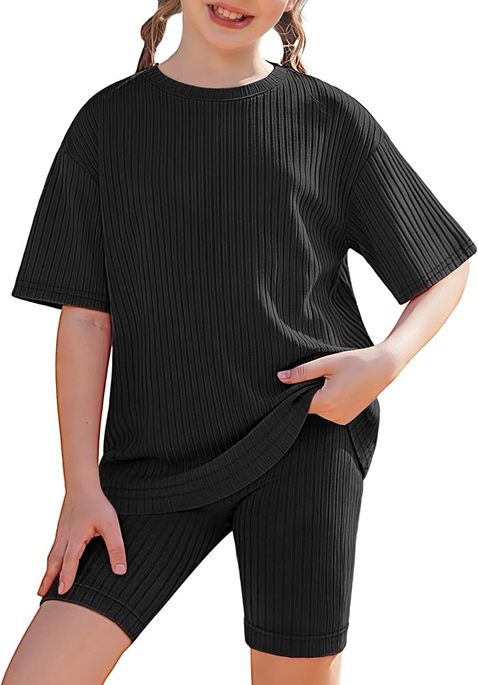 Arshiner Girls Summer Outfits 2 Piece Set Ribbed Knit Drop Shoulder Shirts and Biker Shorts Sets ... | Amazon (US)